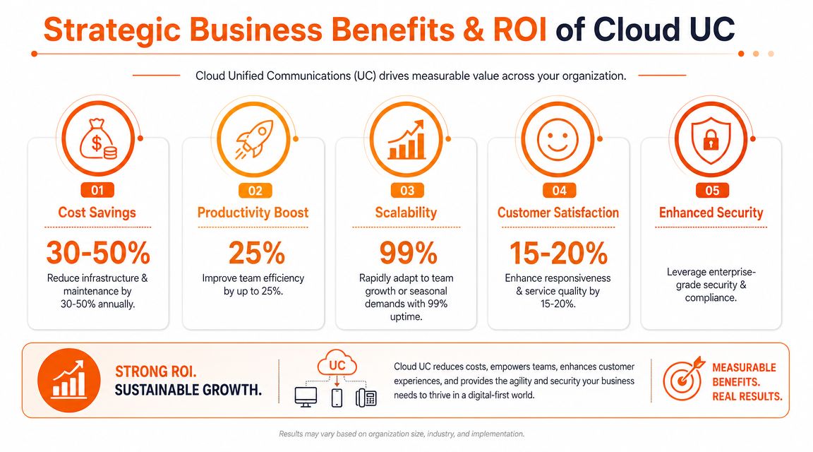 An infographic illustrating five strategic business benefits and ROI of adopting Cloud Unified Communications in an organization.