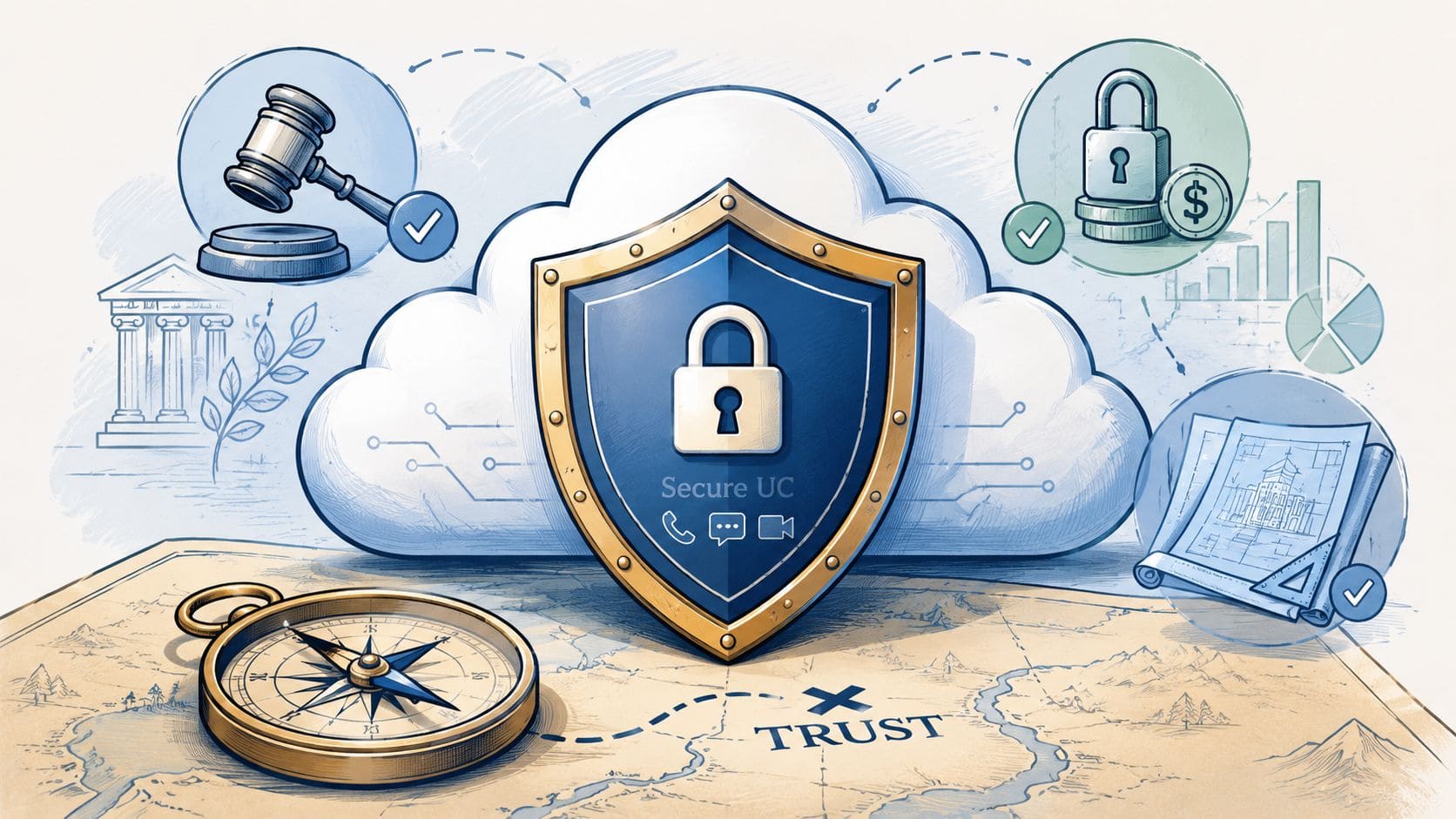 A digital illustration featuring a secure shield in front of a cloud representing secure unified communications services.