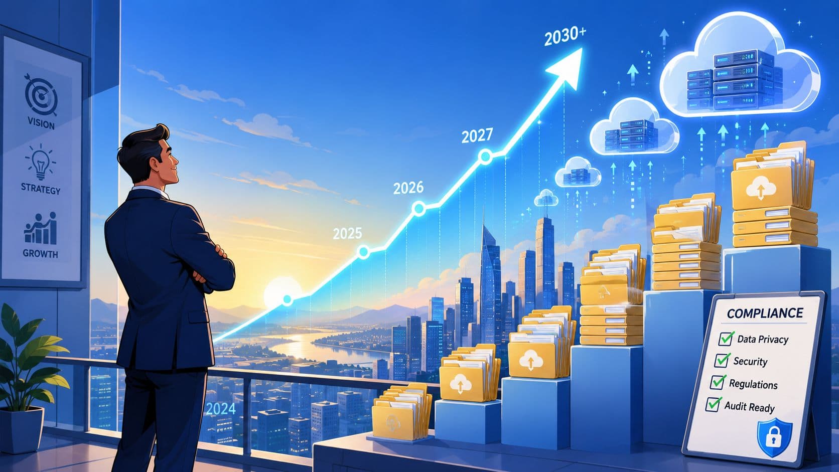 A businessman overlooking a cityscape with an upward growth chart and increasing cloud data storage.