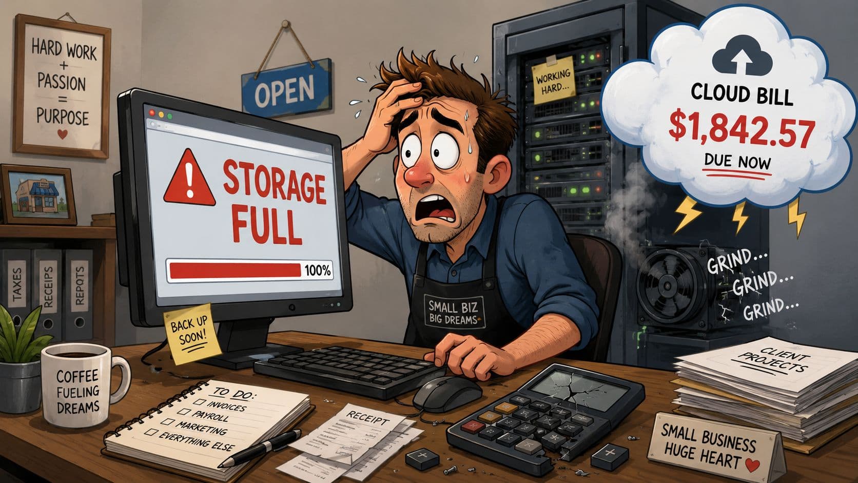 A stressed business owner looking at a computer screen showing a storage full warning and a cloud bill.