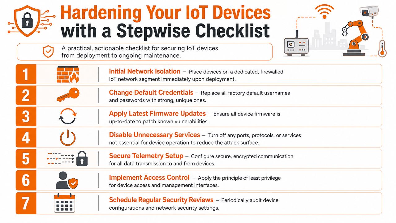 Stepwise IoT device security checklist for businesses.