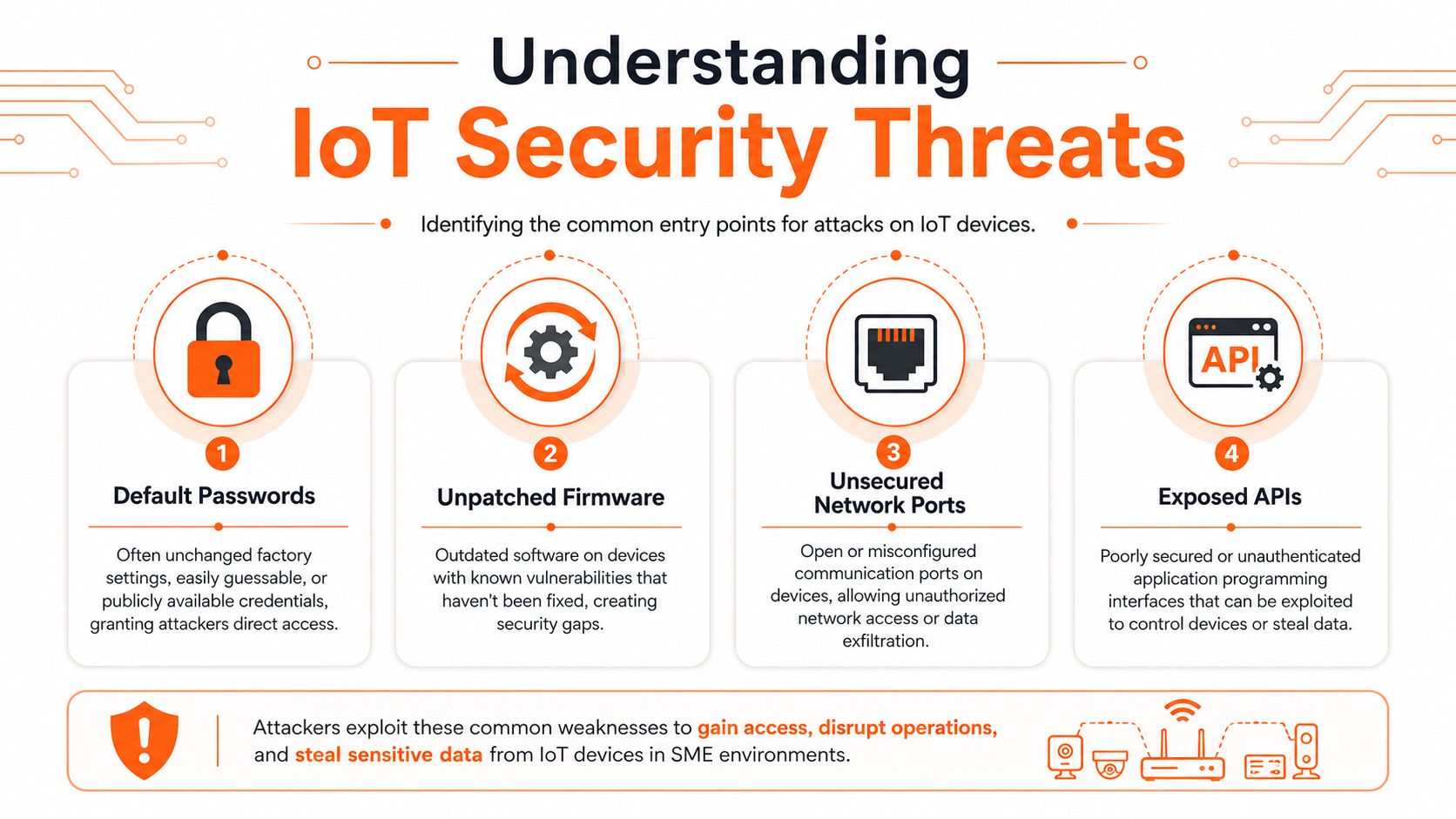 An infographic titled Understanding IoT Security Threats showing four common entry points for attacks on internet-connected devices.