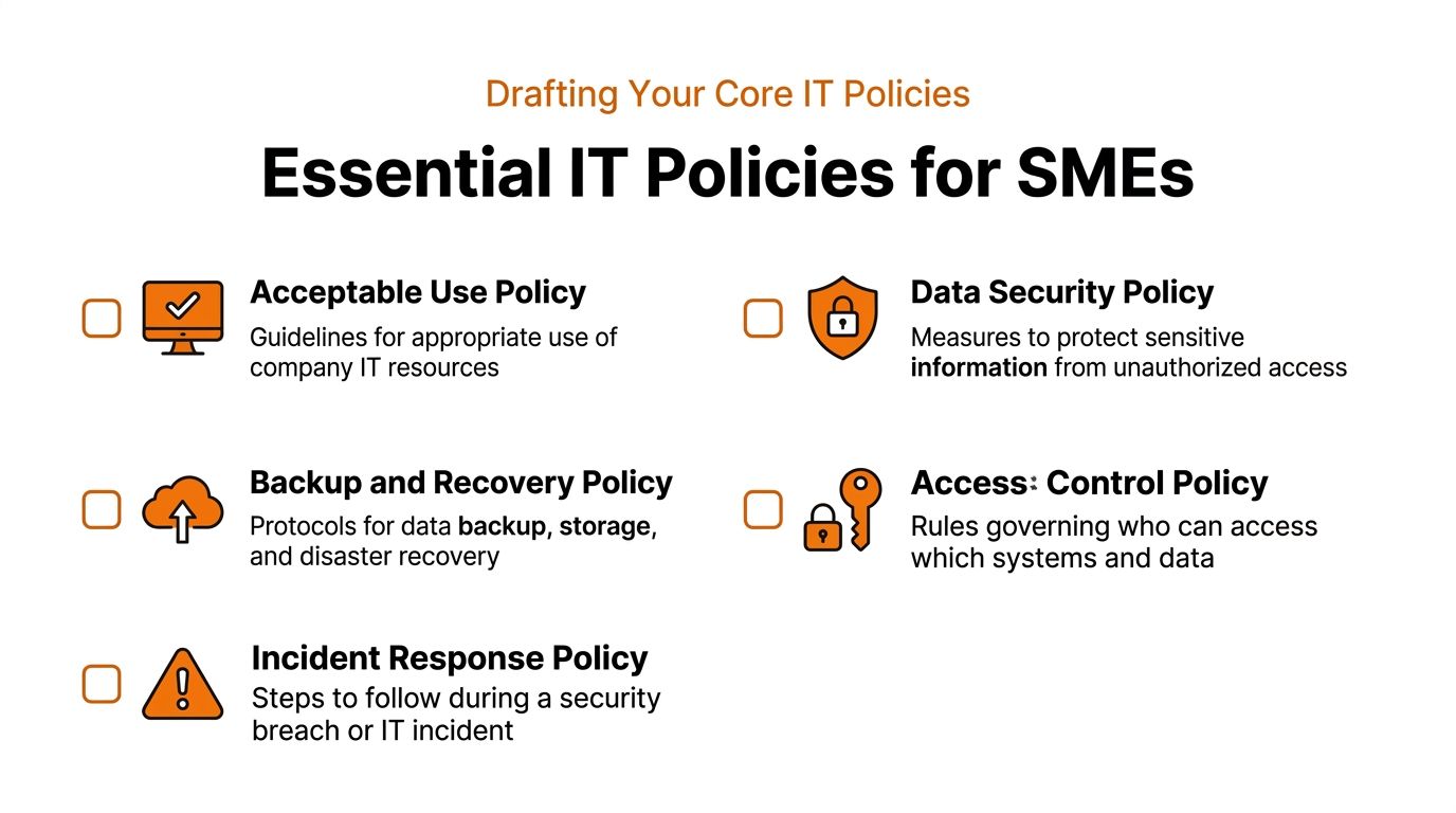 A checklist of essential IT policies for small and medium-sized enterprises displayed as a professional infographic.