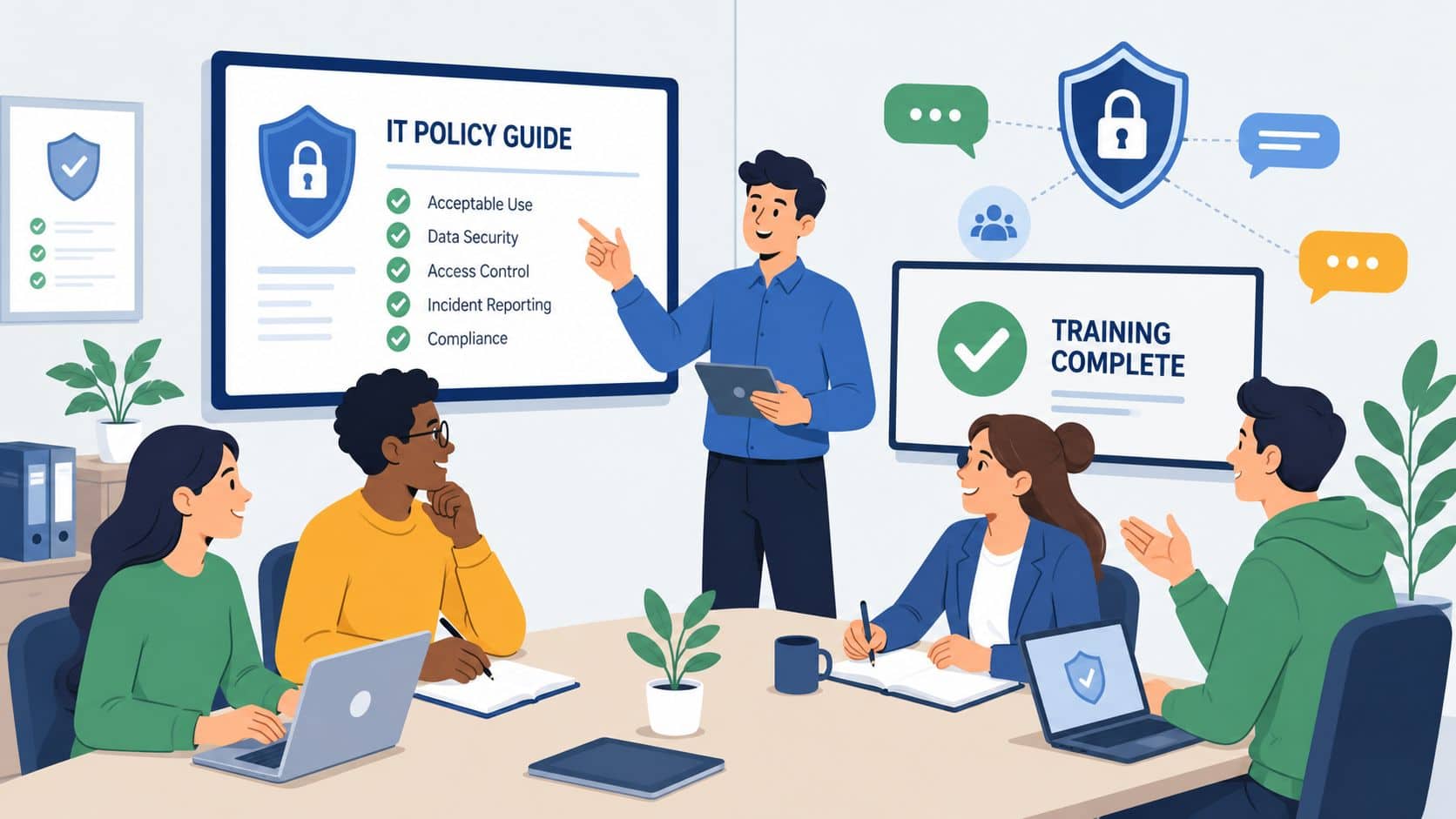 An IT professional presents an IT policy guide to a diverse group of employees during a training session.