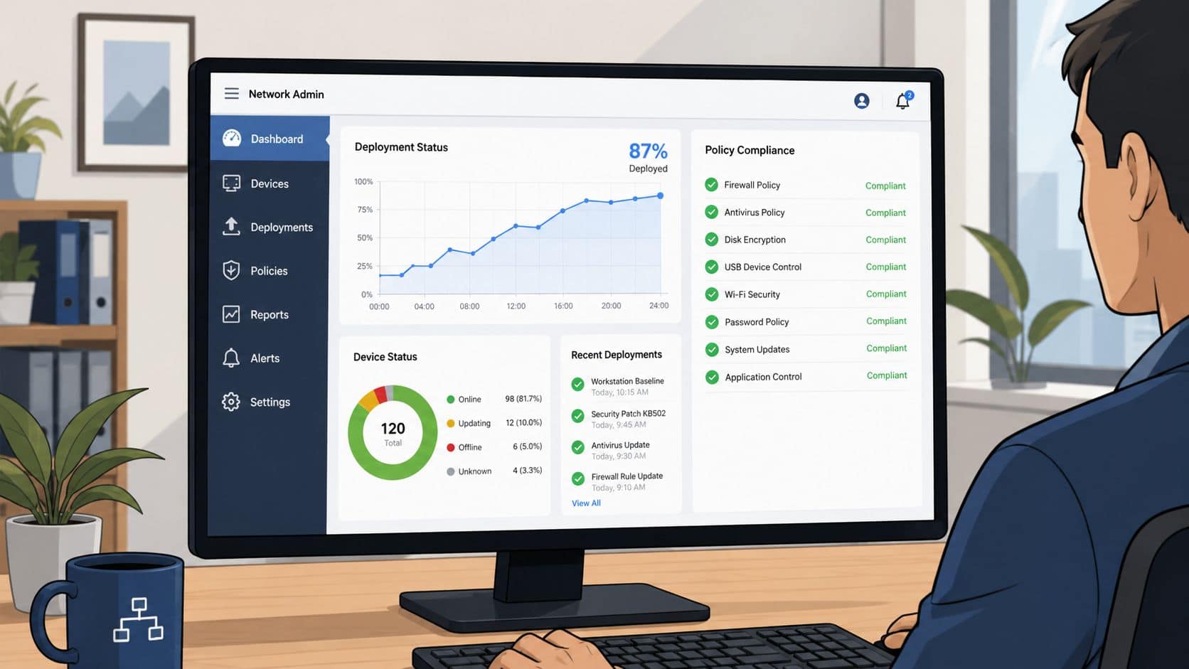 A professional working at a desk viewing a network administration dashboard on a large computer monitor.