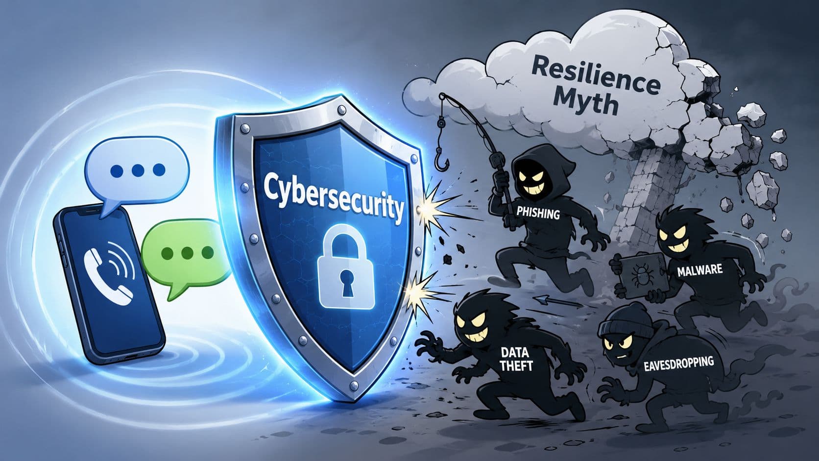 A conceptual illustration of a cybersecurity shield protecting a mobile phone from various digital threats and attacks.