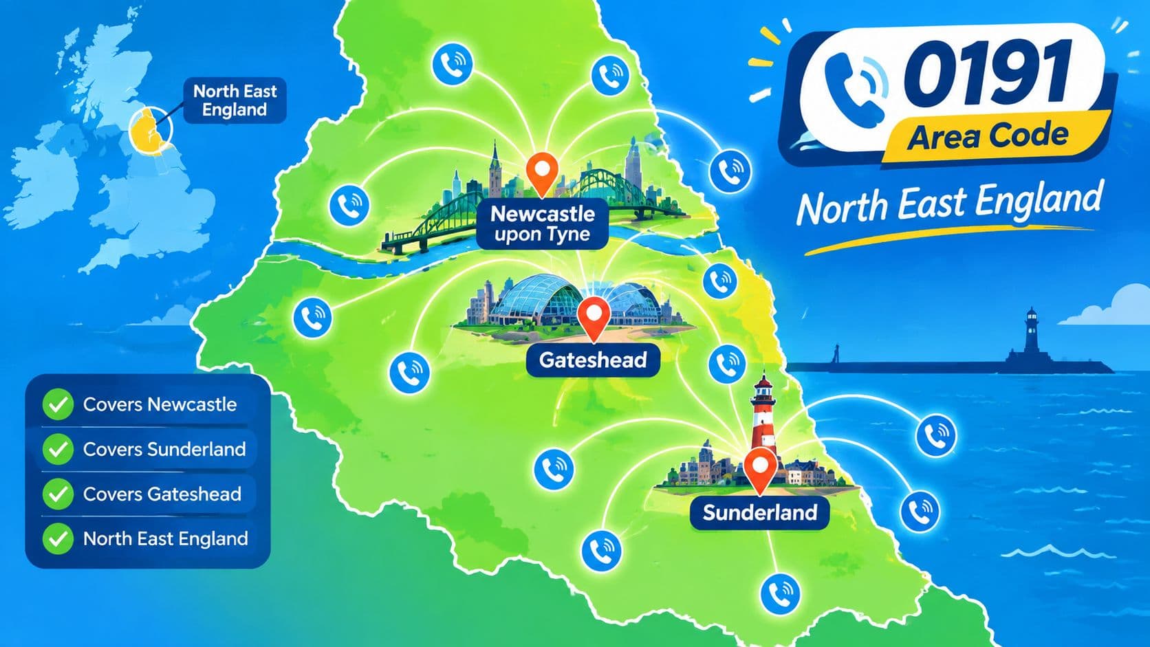 Map showing 0191 area code coverage in North East England including Newcastle, Gateshead, and Sunder.