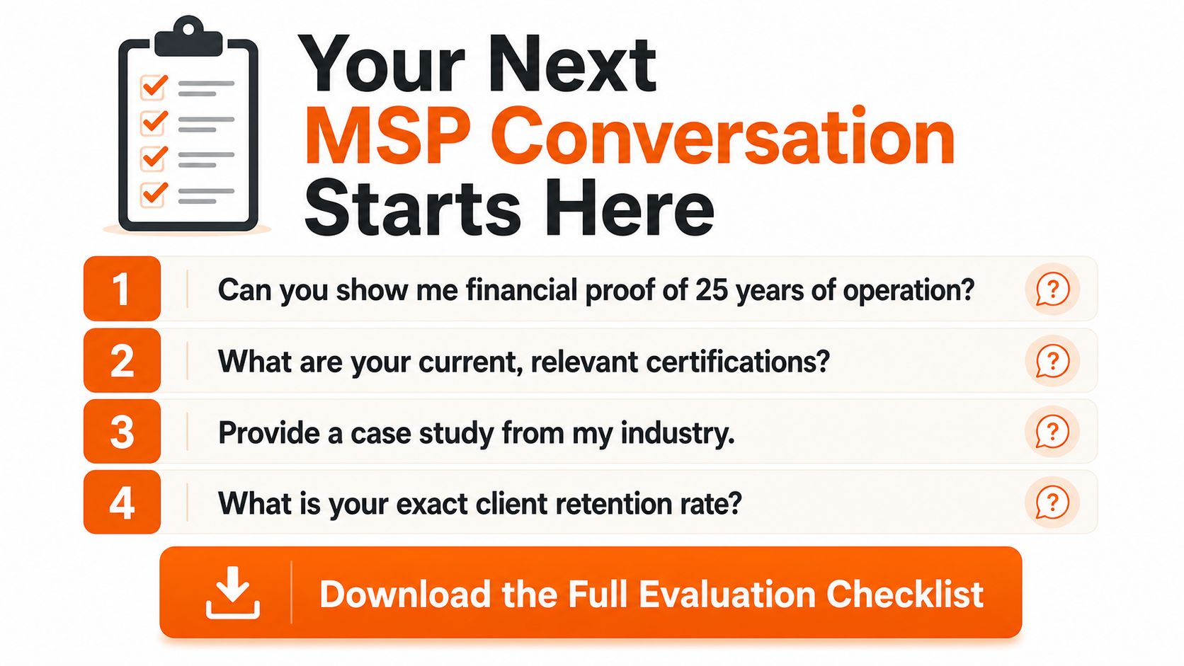 Checklist for MSP conversations with questions about certifications and client retention.