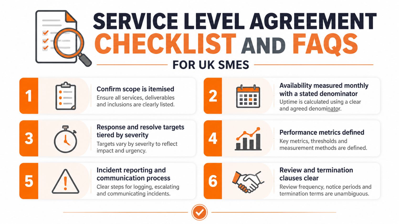 A checklist infographic outlining essential components of a service level agreement for UK small businesses.