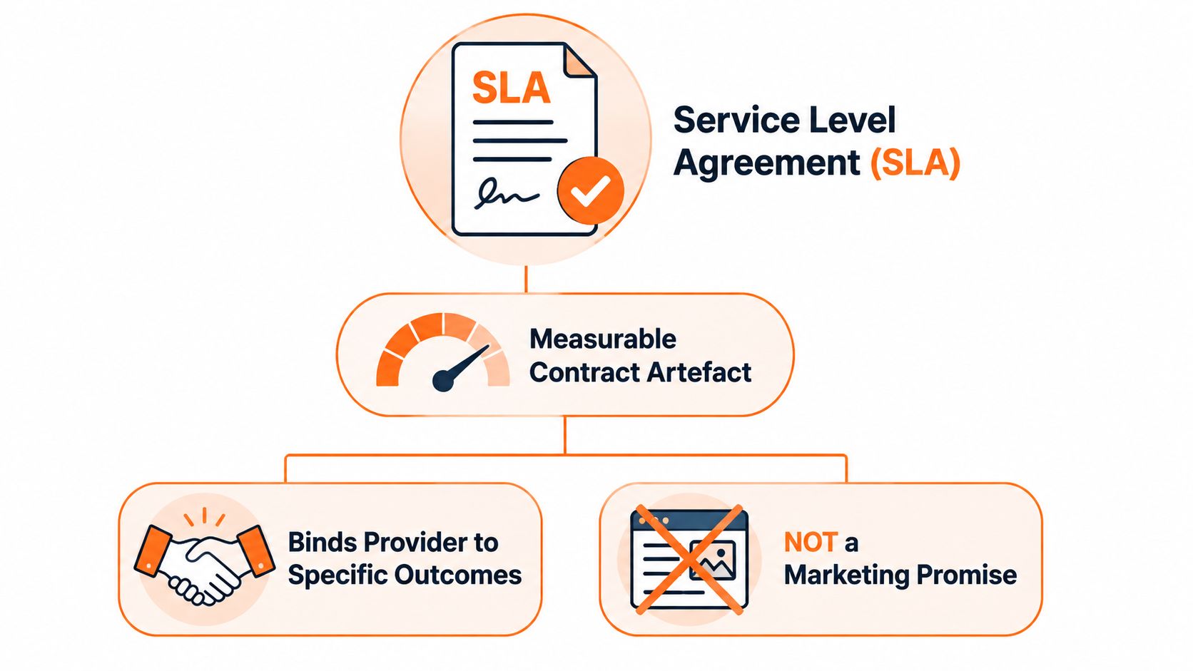 A diagram illustrating a Service Level Agreement as a measurable contract for specific service outcomes and expectations.