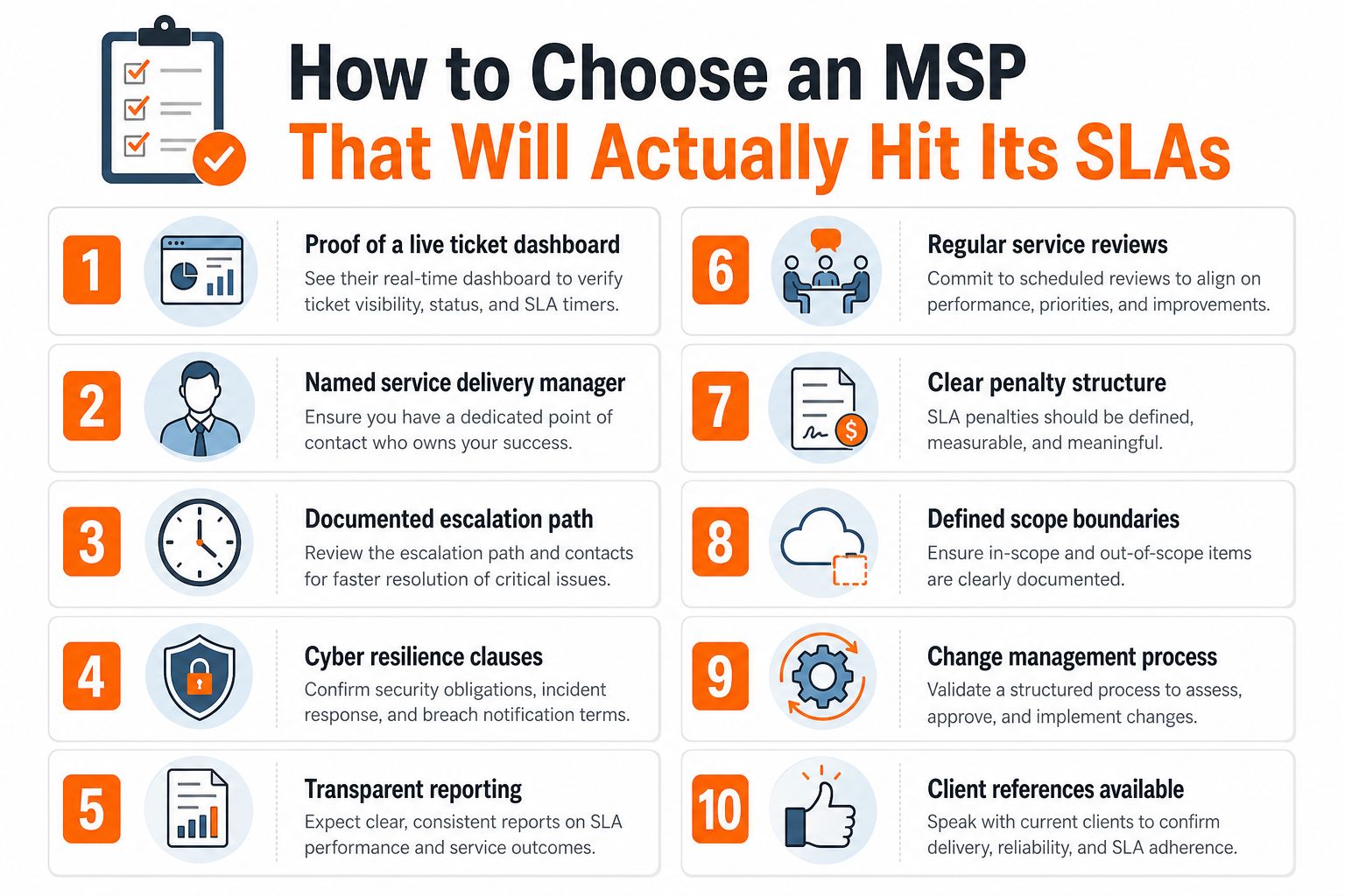 An infographic listing ten essential tips for choosing an MSP that effectively meets service level agreements.