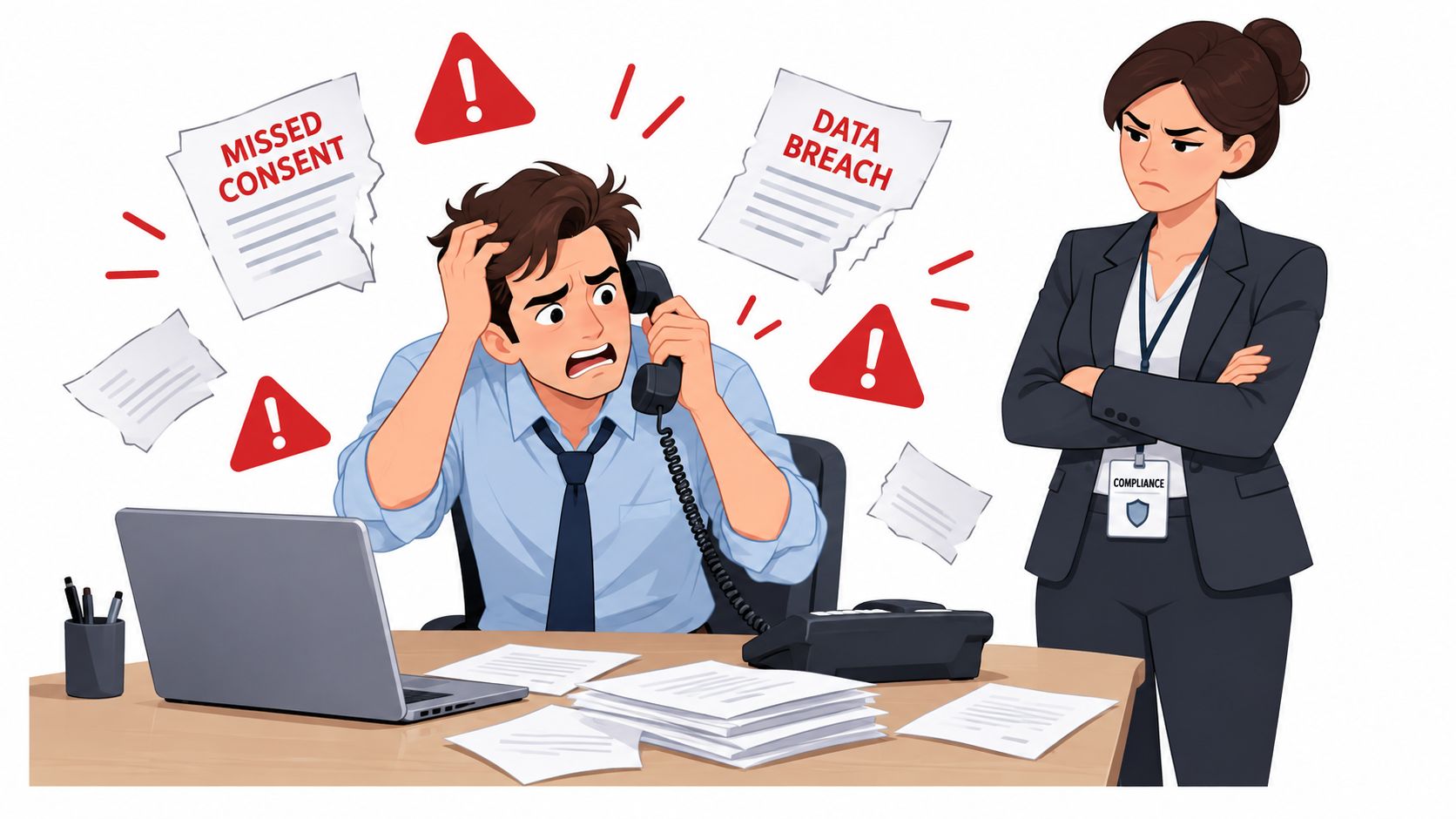 Stressed man on phone with data breach warnings and a woman observing.