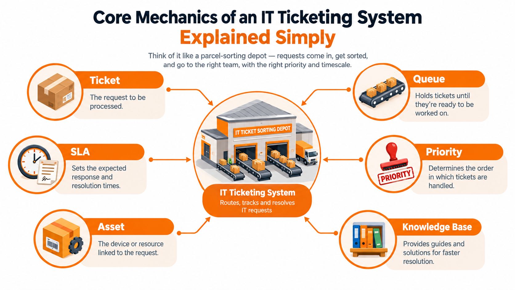 A diagram illustrating the core mechanics of an IT ticketing system including tickets, queues, priority, and assets.