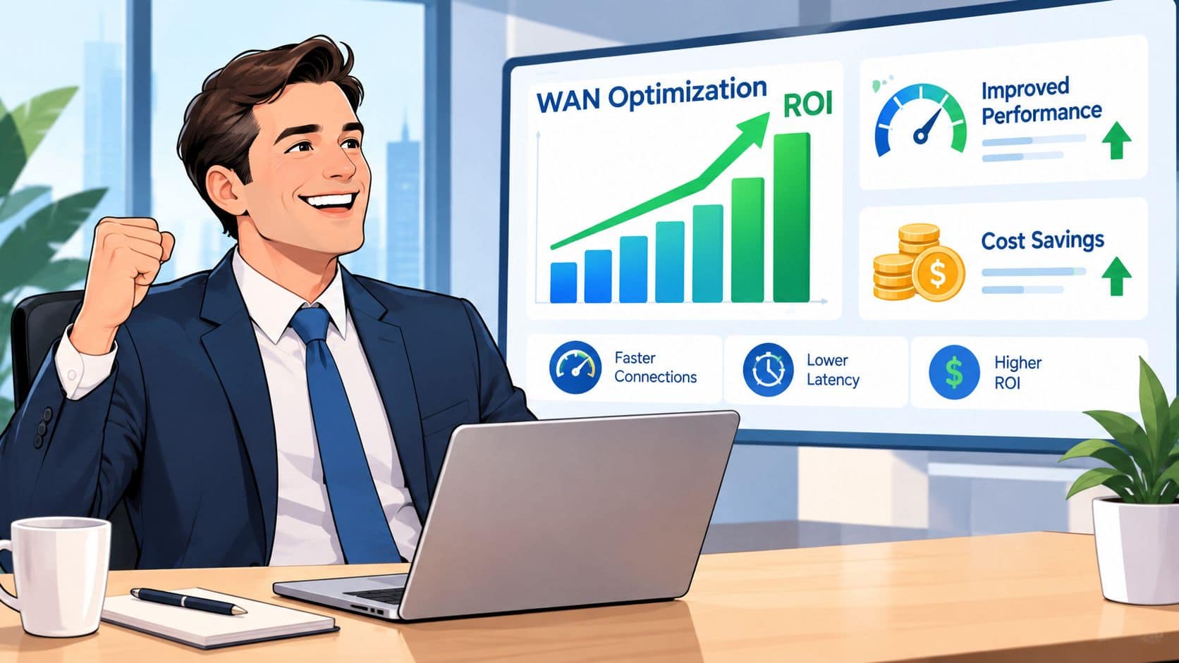 A happy businessman celebrating professional success while looking at a WAN optimization performance and ROI digital dashboard.