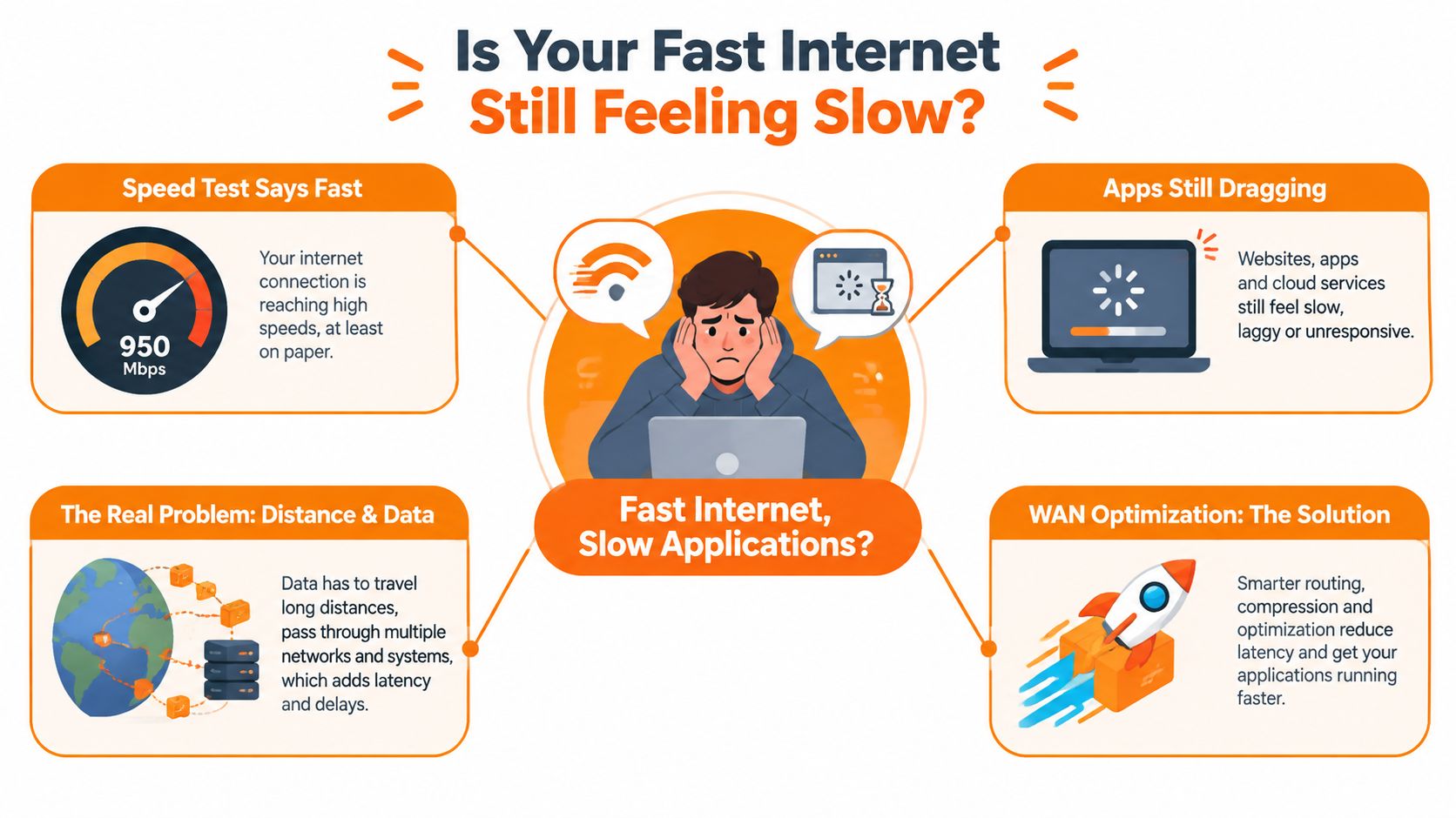 A person feeling frustrated with slow internet applications despite having a fast connection, explaining WAN optimization solutions.