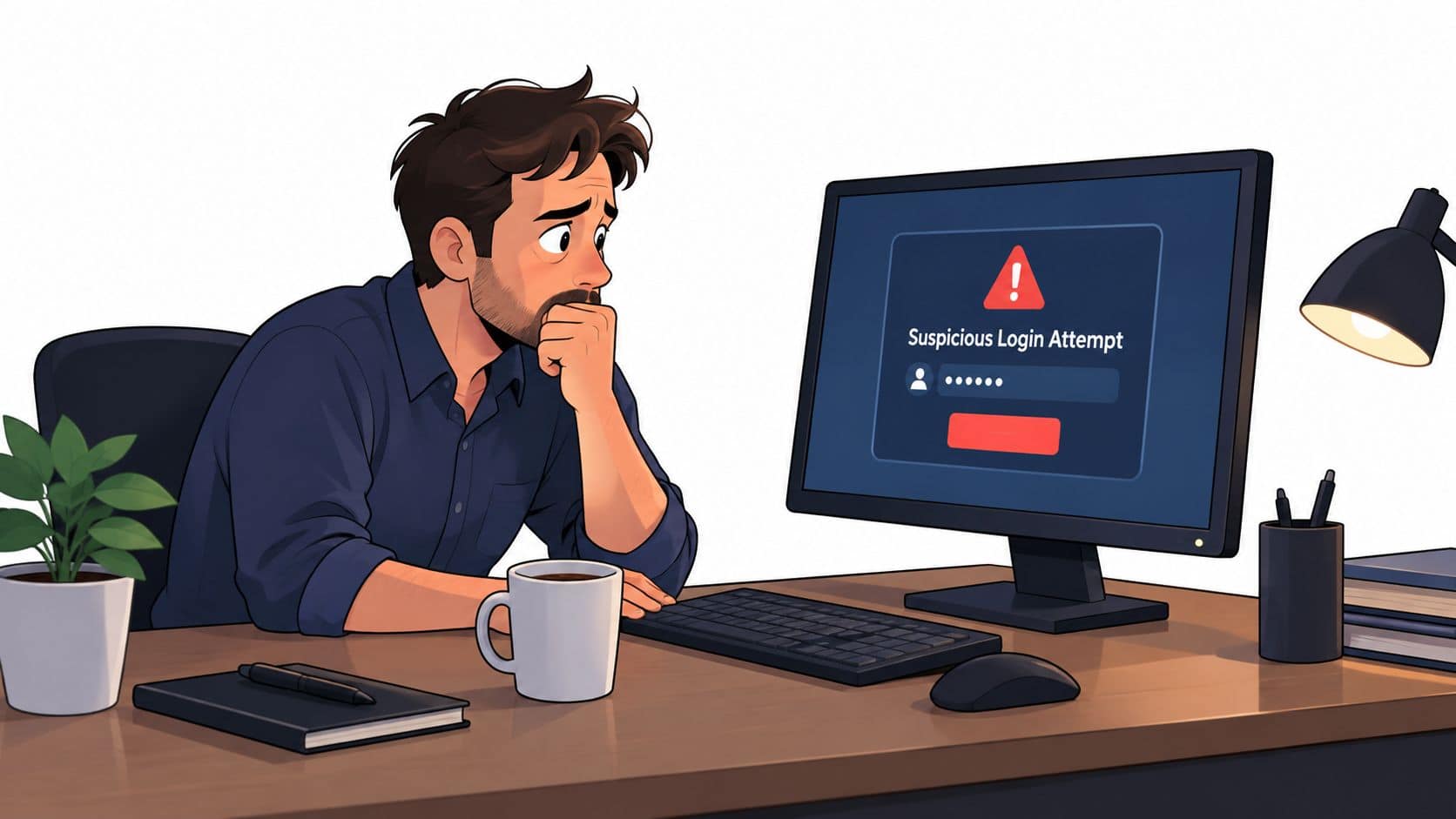 Man concerned about suspicious login attempt on his computer.