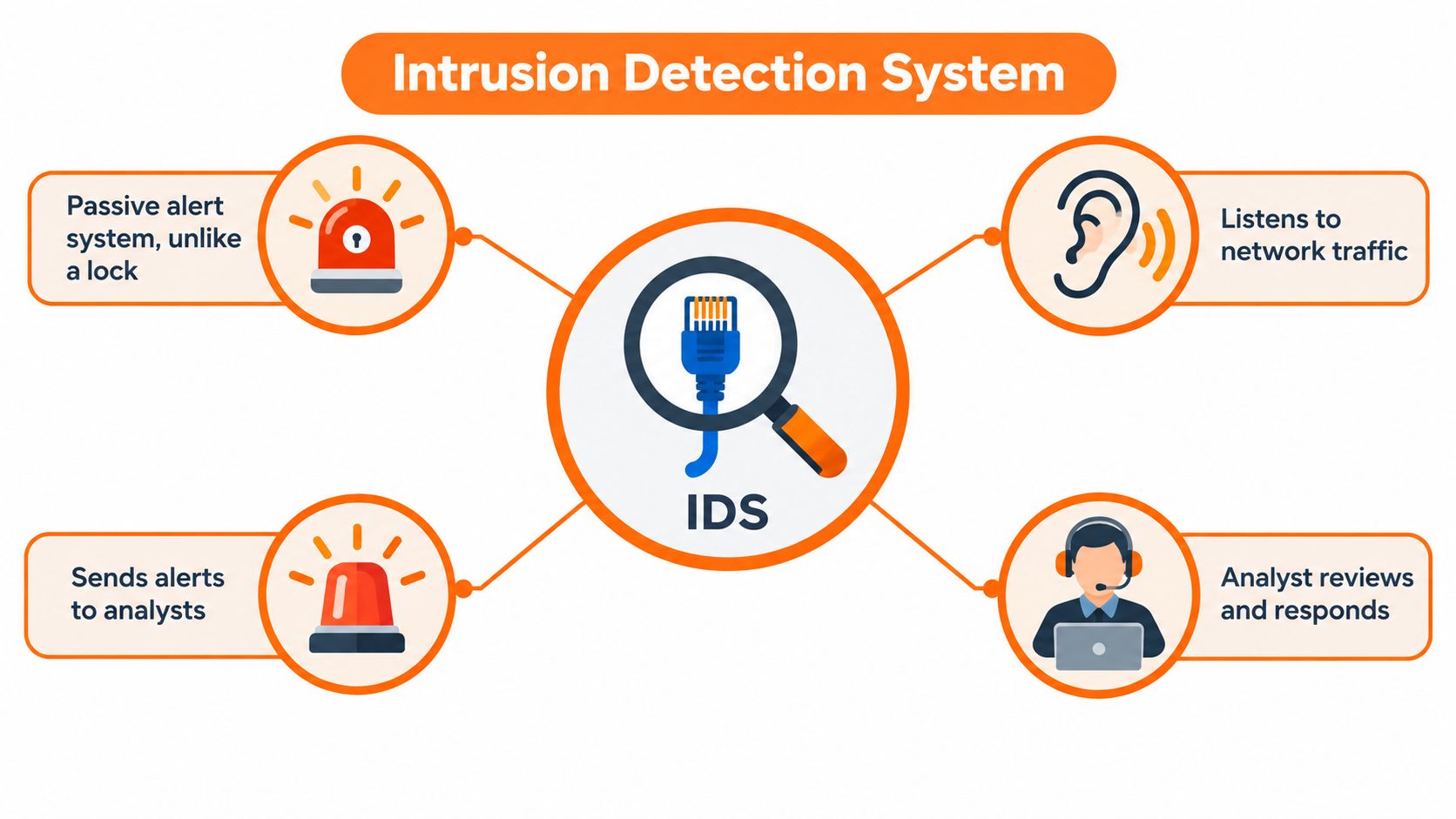 Diagram showing components of an intrusion detection system including alerts and analysis.