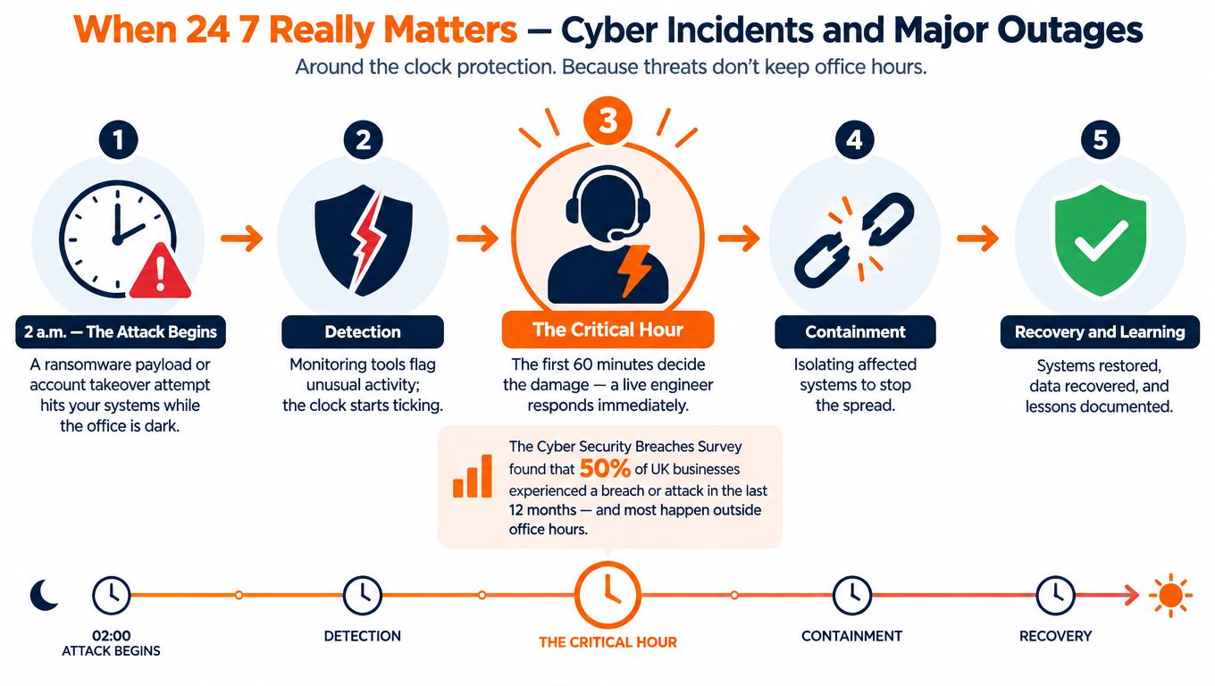 An infographic showing the five-step process of responding to cyber incidents and major outages 24/7.