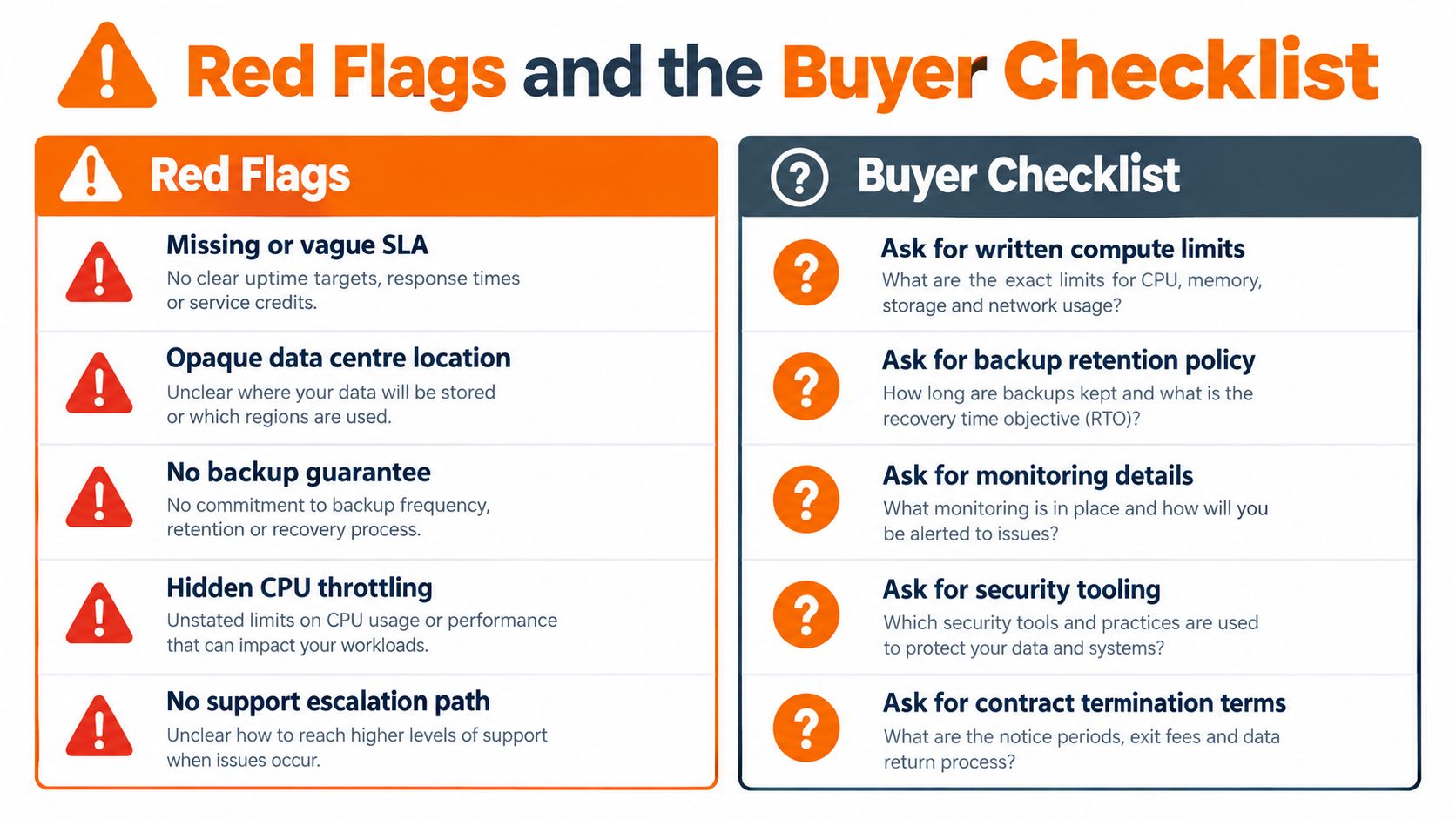 An infographic detailing red flags to watch for and a buyer checklist when choosing cloud services.