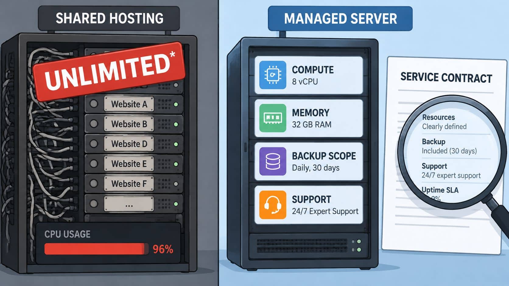A comparison illustration showing the difference between crowded shared hosting and a professional managed server.